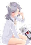  1girl bangs bed_sheet blush bra brown_bra closed_mouth collared_shirt eyebrows_visible_through_hair eyes_visible_through_hair frilled_bra frills grey_hair hair_over_one_eye hand_up highres k_mugura komagome_azuzu long_sleeves open_clothes open_shirt rubbing_eyes senyoku_no_sigrdrifa shirt simple_background sitting sleepy solo stuffed_animal stuffed_cat stuffed_toy underwear waking_up wavy_mouth white_background white_shirt yokozuwari 