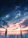  animal bird cityscape clouds commentary_request grass highres no_humans ocean original scenery sky skyrick9413 star_(sky) starry_sky sunset water 