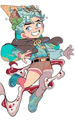  1boy alternate_costume aqua_footwear aqua_shirt belt black_cape blue_eyes boots brown_shorts bulzizzang cape chocolate chocolate_syrup diamond_wa_kudakenai food food_on_head full_body highres hirose_kouichi hood hooded_cape ice_cream ice_cream_cone jojo_no_kimyou_na_bouken leaf long_sleeves object_on_head shirt shirt_tucked_in short_hair shorts simple_background solo suspenders white_background 