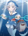 1girl bloop_(gawr_gura) blue_eyes fish_tail gawr_gura highres holding holding_weapon hololive hololive_english hood hood_up looking_to_the_side mermaid monster_girl monsterification nasenbi polearm shark_tail solo_focus tail trident virtual_youtuber weapon white_hair 