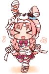  &gt;_&lt; 1girl :d absurdres animal_ears animal_hat bandaged_arm bandaged_hands bandages bangs beamed_eighth_notes blush bow braid bunny_hair_ornament bunny_hat chibi closed_eyes earmuffs eighth_note eyebrows_visible_through_hair facing_viewer fake_animal_ears full_body hair_ornament hana_kazari hat highres long_hair low_twintails mimi_(princess_connect!) musical_note navel open_mouth parted_bangs pink_footwear pink_hair pink_headwear pleated_skirt princess_connect! princess_connect!_re:dive purple_bow purple_skirt rabbit_ears skirt smile solo striped striped_legwear thigh-highs twin_braids twintails very_long_hair walking white_background xd 