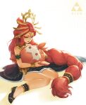  ace86 blue_eyes blue_lips blue_lipstick braid braided_ponytail character_name eyeshadow gerudo highres jewelry lipstick long_hair makeup neck_ring redhead riju sitting stuffed_toy the_legend_of_zelda the_legend_of_zelda:_breath_of_the_wild thick_eyebrows triforce very_long_hair 