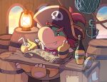  1boy anchor bandana barrel bicorne black_headwear blush bottle bowser_jr. box bracelet claws closed_mouth crate cup drink drinking_straw eyepatch fang fang_out hat head_rest holding holding_cup hoshikuzu_pan indoors jewelry kerosene_lamp lantern male_focus map one_eye_covered pirate pirate_hat red_headwear sitting skull_print smile solo super_mario_bros. tail v-shaped_eyebrows white_bandana window wooden_box 