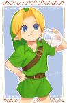  1boy belt belt_buckle blonde_hair blue_background blue_eyes bottle brown_belt buckle closed_mouth commentary_request cowboy_shot green_headwear hand_on_hip hat highres holding looking_at_viewer male_focus milk outline pointy_ears raji_(aranmax) shirt short_sleeves smile solo the_legend_of_zelda the_legend_of_zelda:_ocarina_of_time white_outline young_link 