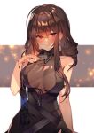  1girl absurdres ahoge bangs bare_shoulders blunt_bangs blush breasts brown_hair cropped dsr-50_(girls_frontline) earrings eyebrows_visible_through_hair girls_frontline hair_between_eyes highres jewelry large_breasts long_hair looking_at_viewer non-web_source red_eyes scan see-through sleeveless smile solo soukou_makura upper_body 