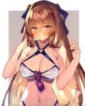  1girl absurdres bangs bikini blue_ribbon blush breasts brown_hair cropped eyebrows_visible_through_hair eyewear_hang eyewear_removed girls_frontline green_eyes hair_between_eyes hair_ribbon hair_rings highres large_breasts long_hair m1903_springfield_(girls_frontline) non-web_source o-ring o-ring_bikini ribbon scan sidelocks simple_background solo soukou_makura sunglasses sweat swimsuit two-tone_background 