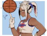  1girl abs animal_ears artist_name ball basketball boku_no_hero_academia border breasts closed_mouth collarbone dark_skin english_commentary from_side gloves gud0c highres index_finger_raised mirko rabbit_ears red_eyes sidelocks solo space_jam tank_top tied_ears tied_hair upper_body white_border white_gloves white_hair 