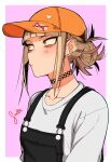  1girl artist_name bangs baseball_cap blonde_hair blunt_bangs boku_no_hero_academia border closed_mouth ear_piercing english_commentary gud0c hair_bun hat highres long_hair looking_to_the_side overalls piercing ponytail shirt sidelocks simple_background solo toga_himiko upper_body white_border white_shirt yellow_eyes 