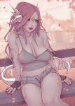  1girl au_ra blue_eyes blurry blurry_background breasts collarbone dragon_horns dragon_tail dutch_angle final_fantasy final_fantasy_xiv fingerless_gloves gloves horns lips long_hair medium_breasts nail_polish outdoors pink_hair scales shorts sitting solo soranamae strap_slip tail 