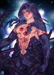  1boy abs bare_chest blue_hair bulge chest chest_tattoo cowboy_shot cu_chulainn_(fate)_(all) cu_chulainn_alter_(fate/grand_order) curruid_coinchenn dragon_boy dragon_tail earrings elbow_gloves fate/grand_order fate_(series) gae_bolg gloves highres hood jewelry long_hair looking_at_viewer male_focus monster_boy muscle navel no_nipples ponytail red_eyes solo spikes tail tattoo thighs uni_(nico02) 