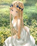  1girl abigail_williams_(fate/grand_order) bangs bare_shoulders black_bow blonde_hair blue_eyes blush bow breasts closed_mouth dress fate/grand_order fate_(series) field flower flower_field forehead grass hair_bow long_hair looking_at_viewer multiple_bows orange_bow parted_bangs sakazakinchan sidelocks small_breasts white_dress 