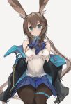  1girl amiya_(arknights) animal_ears arknights ascot black_jacket black_legwear blue_eyes blue_neckwear blue_skirt breasts brown_hair frilled_ascot frills grabbing grabbing_own_breast highres hood hood_down hooded_jacket jacket jewelry long_hair looking_at_viewer mikojin multiple_rings neck_ring open_clothes open_jacket pantyhose rabbit_ears ribbed_sweater ring simple_background sitting skirt sleeveless_sweater solo sweater thumb_ring 