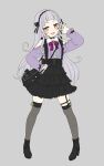  1girl alternate_costume bag blush casual commentary_request earrings fingernails full_body grey_background handbag headband hololive jewelry minamura_haruki murasaki_shion open_mouth pose silver_hair simple_background solo thigh-highs virtual_youtuber 