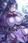  1girl armor arrow_(projectile) artist_name bangs black_gloves bodysuit breasts covered_navel elbow_gloves fate/grand_order fate_(series) fingerless_gloves gloves hagino_kouta highres japanese_armor kote large_breasts long_hair looking_at_viewer low-tied_long_hair minamoto_no_raikou_(fate/grand_order) parted_bangs parted_lips pelvic_curtain purple_bodysuit purple_hair ribbed_sleeves rope sitting tassel thighs very_long_hair violet_eyes 