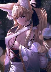  1girl animal_ear_fluff animal_ears bangs bare_shoulders black_bow black_choker blonde_hair blurry bow braid breasts choker deep_skin depth_of_field eyebrows_visible_through_hair fox_ears french_braid granblue_fantasy hair_bow highres ibuki_notsu large_breasts long_hair looking_at_viewer sideboob smile solo violet_eyes yuisis_(granblue_fantasy) 