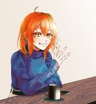  1girl ahoge bangs belt black_belt blue_sweater cellphone cup eyebrows_visible_through_hair fate/grand_order fate_(series) fujimaru_ritsuka_(female) grey_background grin hair_between_eyes hair_ornament hair_scrunchie highres long_hair long_sleeves mug orange_hair phone redrabbit44 scrunchie shiny shiny_hair side_ponytail simple_background smartphone smile solo sweater turtleneck turtleneck_sweater upper_body yellow_eyes yellow_scrunchie 