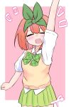  1girl :d arm_up bangs blush bow closed_eyes collared_shirt commentary_request cowboy_shot eyebrows_behind_hair facing_viewer go-toubun_no_hanayome green_bow green_ribbon green_skirt hair_between_eyes hair_ribbon highres kujou_karasuma nakano_yotsuba notice_lines open_mouth pink_background pleated_skirt ribbon shirt short_sleeves signature skirt smile solo two-tone_background white_background white_shirt 