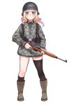  1girl asymmetrical_legwear bangs blonde_hair boots brown_legwear camouflage camouflage_headwear camouflage_jacket closed_mouth company_of_heroes full_body gewehr_43 green_eyes green_footwear gun hat holding holding_gun holding_weapon jacket long_hair looking_at_viewer military military_hat military_jacket military_uniform mismatched_legwear original simple_background solo trigger_discipline uniform weapon white_background world_war_ii zhainan_s-jun 