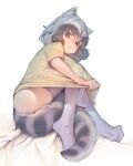  1girl :c alternate_costume animal_ears ass bangs bare_arms black_hair brown_eyes closed_mouth common_raccoon_(kemono_friends) curled_up full_body grey_hair grey_legwear highres kemono_friends knees_up looking_at_viewer lying medium_hair mifu_(b24vc1) multicolored_hair on_side raccoon_ears raccoon_girl raccoon_tail shirt shirt_tug short_sleeves skindentation solo t-shirt tail thigh-highs two-tone_hair yellow_shirt 