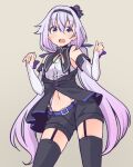  .live alternate_costume alternate_hairstyle belt carro_pino commentary_request detached_sleeves garter_belt hair_between_eyes hat headband long_hair looking_at_viewer low_twintails navel purple_hair shorts simple_background stomach stomach_day thigh-highs tobi_(nekomata_homara) twintails violet_eyes virtual_youtuber 