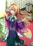  1girl :d ahoge animal_ear_fluff animal_ears ball bangs blonde_hair blue_eyes blue_hakama commentary_request day eyebrows_visible_through_hair fang floral_print fox_ears fox_girl fox_tail green_hakama green_kimono green_umbrella hair_between_eyes hakama hands_up highres holding holding_ball indoors japanese_clothes kimono long_hair long_sleeves oil-paper_umbrella open_clothes open_mouth original print_hakama print_kimono purple_hakama smile solo standing sunlight tail temari_ball tsuyukina_fuzuki umbrella very_long_hair wide_sleeves 