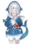  1girl animal_costume animal_hood bangs blue_hair blue_hoodie blunt_bangs closed_eyes cowboy_shot fish fish_tail gawr_gura highres hololive hololive_english hood hoodie long_sleeves medium_hair mins_(minevi) multicolored_hair open_mouth salmon shark_costume shark_girl shark_hood shark_tail sharp_teeth silver_hair sleeves_past_wrists solo streaked_hair tail teeth virtual_youtuber wide_sleeves 