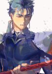  1boy armor beads blue_hair cu_chulainn_(fate)_(all) earrings fangs fate/stay_night fate_(series) gae_bolg hair_beads hair_ornament holding holding_weapon jewelry lancer long_hair looking_to_the_side male_focus open_mouth pauldrons polearm ponytail red_eyes shoulder_armor simple_background skin_tight slit_pupils solo spiky_hair taro-k type-moon water water_drop weapon wet wet_hair white_background 