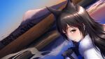  1girl 2021 absurdres atago_(azur_lane) atago_(features_of_winter)_(azur_lane) azur_lane black_gloves brown_hair dutch_angle fur_trim gloves happy_new_year highres long_hair mount_fuji new_year official_alternate_costume orange_eyes solo steam thermos water yama-michi 