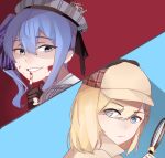  2girls blood blood_on_face blood_splatter blue_eyes blue_hair english_commentary finger_to_mouth holding_magnifying_glass hololive hololive_english hoshimachi_suisei kiel_adair looking_back medium_hair multiple_girls side_ponytail split_screen violet_eyes watson_amelia 