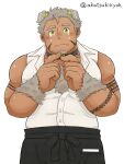  1boy akatsuki_(@akatsukikyoh) animal_ears bara bare_shoulders blush butler chest chest_hair dog_ears facial_hair fidgeting goatee gomeisa_(live_a_hero) green_eyes grey_hair highres index_fingers_together live_a_hero looking_at_viewer male_focus muscle nervous short_hair sideburns sleeveless solo tattoo tearing_up tribal_tattoo upper_body 