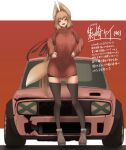  animal_ears boots breasts brown_eyes brown_hair car ground_vehicle hands_on_hips highres large_breasts looking_at_viewer motor_vehicle open_mouth original sweater tail thigh-highs xyv_1 
