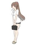  1girl black_shorts blush breasts brown_footwear brown_hair clothes_writing copyright_request dated food food_in_mouth full_body hair_ornament hair_scrunchie hairclip holding ice_cream long_hair medium_breasts mouth_hold pink_scrunchie ponytail sandals scrunchie shirasu_youichi shirt short_shorts short_sleeves shorts simple_background small_breasts solo standing sweat translation_request very_long_hair violet_eyes virtual_youtuber white_background white_shirt 