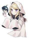  1boy 1girl ahoge akamatsu_kaede artist_name bangs black_bow black_hair blonde_hair blush bow chibi closed_mouth commentary_request cropped_torso dalrye_v3 dangan_ronpa ghost_costume hair_between_eyes hair_ornament hood long_hair long_sleeves looking_at_viewer musical_note musical_note_hair_ornament new_dangan_ronpa_v3 open_mouth saihara_shuuichi short_hair simple_background sleeves_past_fingers sleeves_past_wrists smile solo_focus twitter_username violet_eyes white_background 