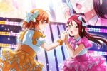  2girls :d absurdres ahoge bow brown_eyes collared_shirt eye_contact floating_hair hair_bow highres holding_hands idol interlocked_fingers kougi_hiroshi layered_skirt long_hair looking_at_another love_live! love_live!_sunshine!! multiple_girls open_mouth orange_hair orange_scrunchie orange_skirt pink_neckwear pink_skirt polka_dot polka_dot_bow polka_dot_neckwear polka_dot_scrunchie polka_dot_skirt redhead sakurauchi_riko scrunchie shiny shiny_hair shirt short_hair short_sleeves skirt smile stage standing takami_chika white_bow white_shirt wing_collar wrist_scrunchie yuri 