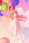  1girl absurdres arahe balloon blush clouds cloudy_sky dress green_eyes highres huge_filesize long_hair looking_at_viewer looking_to_the_side open_mouth original outdoors pinafore_dress pink_hair sky solo standing sundress thighs white_dress 