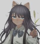  1girl animal_ears blue_eyes blue_neckwear blush bow bowtie brown_hair brown_nails cat_ears cat_teaser cattail closed_mouth dark_skin fingernails grey_background highres holding long_hair long_sleeves looking_at_viewer messy migihidari_(puwako) motion_lines nyan original plant shirt simple_background solo suspenders upper_body white_shirt 