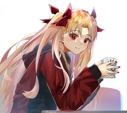  1girl bangs blonde_hair blush bow breasts closed_mouth contemporary cup ereshkigal_(fate/grand_order) fate/grand_order fate_(series) hair_bow highres hood hooded_jacket jacket leaning_forward long_hair long_sleeves looking_at_viewer medium_breasts mug parted_bangs red_jacket smile trapiorra two_side_up 