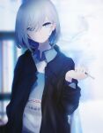  1girl black_jacket blue_eyes blue_shirt blurry blurry_background bob_cut cigarette closed_mouth collared_shirt depth_of_field earrings grey_hair head_tilt highres holding holding_cigarette jacket jewelry light_smile long_sleeves looking_at_viewer medium_hair migihidari_(puwako) open_clothes open_jacket original shirt smile smoke smoking solo sweater upper_body wing_collar 
