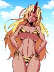 1girl ass_visible_through_thighs bikini blonde_hair blue_sky breasts clouds commentary_request hands_on_hips highres horns hoshiguma_yuugi jin_(mugenjin) large_breasts long_hair looking_at_viewer navel oni red_eyes side-tie_bikini single_horn sky solo star_(symbol) swimsuit tan tiger_stripes touhou