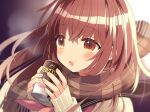  1girl blush brown_eyes brown_hair can highres holding holding_can hot_chocolate long_hair original scarf sleeves_past_wrists solo uramakaron 