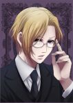  1boy black_neckwear black_suit blonde_hair fumizuki_ayako glasses hand_up index_finger_raised long_sleeves looking_at_viewer louis_james_moriarty male_focus necktie parted_lips purple_background red_eyes simple_background solo upper_body yuukoku_no_moriarty 