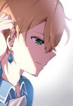  1boy adjusting_hair blonde_hair blue_shirt close-up collared_shirt commentary_request earrings eugeo expressionless face green_eyes hand_in_hair hand_up highres jewelry male_focus profile ruriiro_blue shirt short_hair simple_background solo sword_art_online white_background 