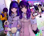  4girls ace_akira bangs black_hair blue_eyes blue_hair brown_hair cellphone crowd holding holding_phone locked_arms looking_at_viewer multiple_girls original phone pixel_art purple_hair smartphone violet_eyes 