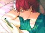  1boy bangs bed_sheet blue_eyes boku_no_hero_academia burn_scar cellphone commentary from_above green_eyes green_shirt holding kimopoleis looking_at_phone lying male_focus multicolored_hair on_bed on_side phone pillow profile redhead redrawn scar shirt short_hair smile solo todoroki_shouto two-tone_hair upper_body watermark web_address white_hair 