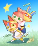  1boy 2girls animal_crossing animal_ears arm_up artist_name bangs bare_shoulders barefoot belt blue_background blue_dress blue_eyes blue_neckwear blue_outline blue_sky blunt_bangs blush blush_stickers boots bottomless bow brown_footwear bunny_tail carrying cat_boy cat_ears cat_tail closed_eyes closed_mouth commentary_request day domino_mask dress full_body furry gradient gradient_background gradient_sky grass green_eyes hair_bow happy highres hug hug_from_behind kanzaki_akira_(akk9s) leaning_forward legs_apart long_sleeves looking_at_another looking_down mask mira_(animal_crossing) multiple_girls necktie off_shoulder open_mouth outdoors outline pantyhose piggyback pinafore_dress pink_bow pink_hair pink_shirt rabbit_ears rabbit_girl red_legwear shirt short_hair sideways_mouth signature sky sleeveless sleeveless_shirt smile standing star_(symbol) stinky_(animal_crossing) tail villager_(animal_crossing) white_shirt 