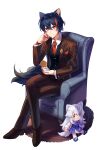  1boy absurdres animal_ears armchair black_hair black_vest buttons carpet chair character_doll closed_mouth dog_boy dog_ears dog_tail formal highres indie_virtual_youtuber isakysaku jacket light_smile lumi_(merryweather) male_focus merry_(vtuber) multicolored_hair necktie pants pocket_watch red_eyes red_neckwear redhead shirt simple_background sitting solo streaked_hair suit tail vest virtual_youtuber watch white_background white_shirt 