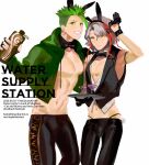  2boys absurdres achilles_(fate) animal_ears black_gloves black_neckwear bow bowtie cocktail_glass cup detached_collar drinking_glass fake_animal_ears fate/apocrypha fate/grand_order fate_(series) gloves green_hair green_hoodie grey_hair grin highres hood hoodie jacket looking_at_viewer male_focus male_playboy_bunny multicolored_hair multiple_boys navel odysseus_(fate/grand_order) open_clothes open_jacket orange_eyes qmiqun rabbit_ears simple_background smile streaked_hair tray undercut waistcoat white_background yellow_eyes 