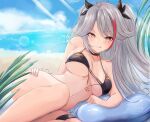  1girl :q antenna_hair azur_lane bangs bikini black_bikini black_choker black_ribbon breasts brown_eyes choker eyebrows_visible_through_hair flag_print german_flag_bikini hair_ribbon large_breasts leonmandala long_hair looking_at_viewer lying multicolored_hair navel on_side outer prinz_eugen_(azur_lane) prinz_eugen_(unfading_smile)_(azur_lane) redhead ribbon silver_hair solo streaked_hair swept_bangs swimsuit thigh_strap tongue tongue_out two_side_up very_long_hair 