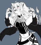  1girl animal_ears breasts claw_pose ear_piercing fang hololive lion_ears lion_tail looking_down medium_breasts midriff monochrome navel open_mouth piercing piiroinardesco shishiro_botan sketch solo tail virtual_youtuber 