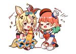  2girls :d absurdres animal_ears blonde_hair chibi crying detached_sleeves fox_ears green_hair hair_ornament hakamii hat highres hololive hololive_english jester_cap laughing long_hair long_sleeves mismatched_legwear multicolored_hair multiple_girls omaru_polka open_mouth orange_hair rubber_chicken seiza simple_background sitting smile symbol_commentary takanashi_kiara twitter_username two-tone_hair violet_eyes white_background x_hair_ornament 